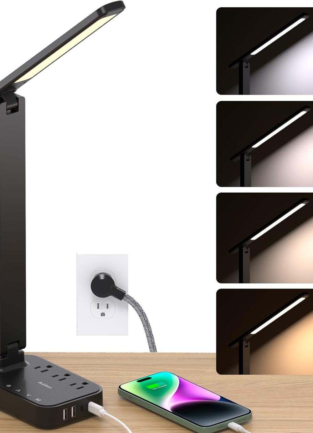 Addtam LED Desk Lamp, Power Strip with 3 Outlets 4 USB Charging Ports(2 USBC), 4 Modes 5 Level Brightness Touch Lamp, Small Desk Lamp for Home Office College Dorm Room Essentials