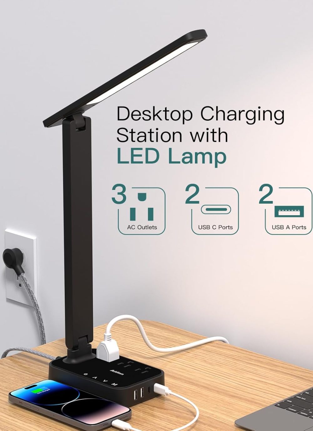 Addtam LED Desk Lamp, Power Strip with 3 Outlets 4 USB Charging Ports(2 USBC), 4 Modes 5 Level Brightness Touch Lamp, Small Desk Lamp for Home Office College Dorm Room Essentials - Image 2