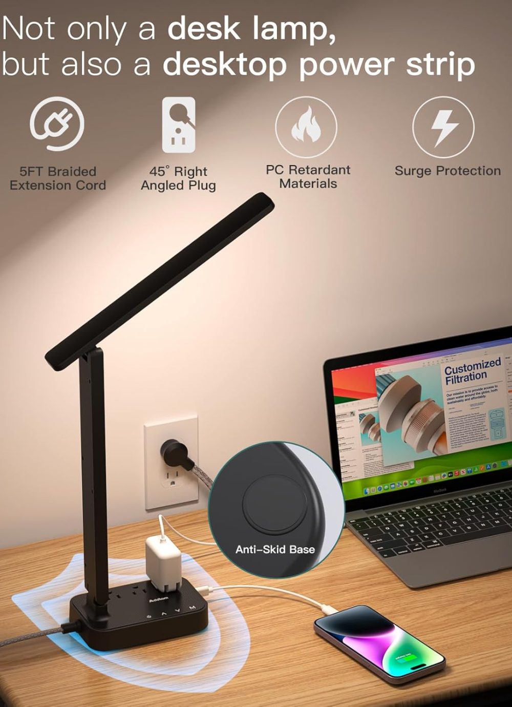 Addtam LED Desk Lamp, Power Strip with 3 Outlets 4 USB Charging Ports(2 USBC), 4 Modes 5 Level Brightness Touch Lamp, Small Desk Lamp for Home Office College Dorm Room Essentials - Image 6