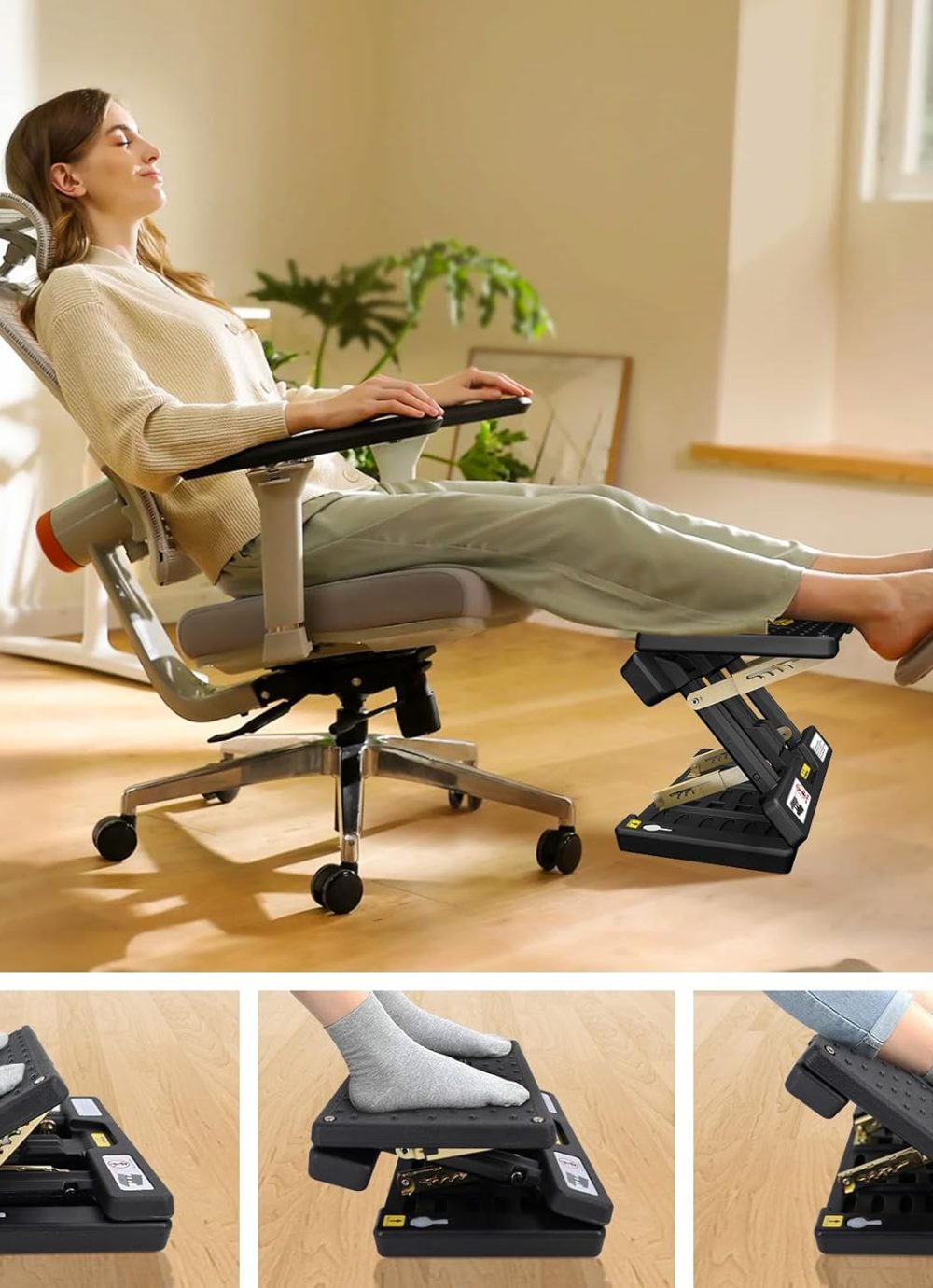 Foldable Foot Rest, Computer Foot Rest Under Desk, 12Modes Adjustable Ergonomic for Office, Loading Capacity 80 pounds, Removable Soft Cloth Pad, Yellow - Image 2