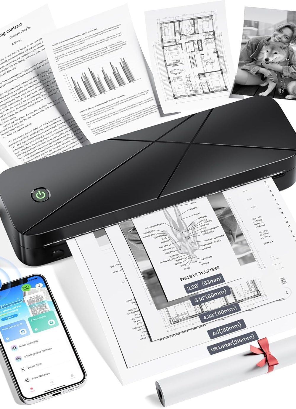 Portable Printers Wireless for Travel, Inkless Printer for Phone & Laptop, Thermal Bluetooth Small Compact Mobile Printer for Home Use, Support 8.5" X 11" US Letter & A4 Size