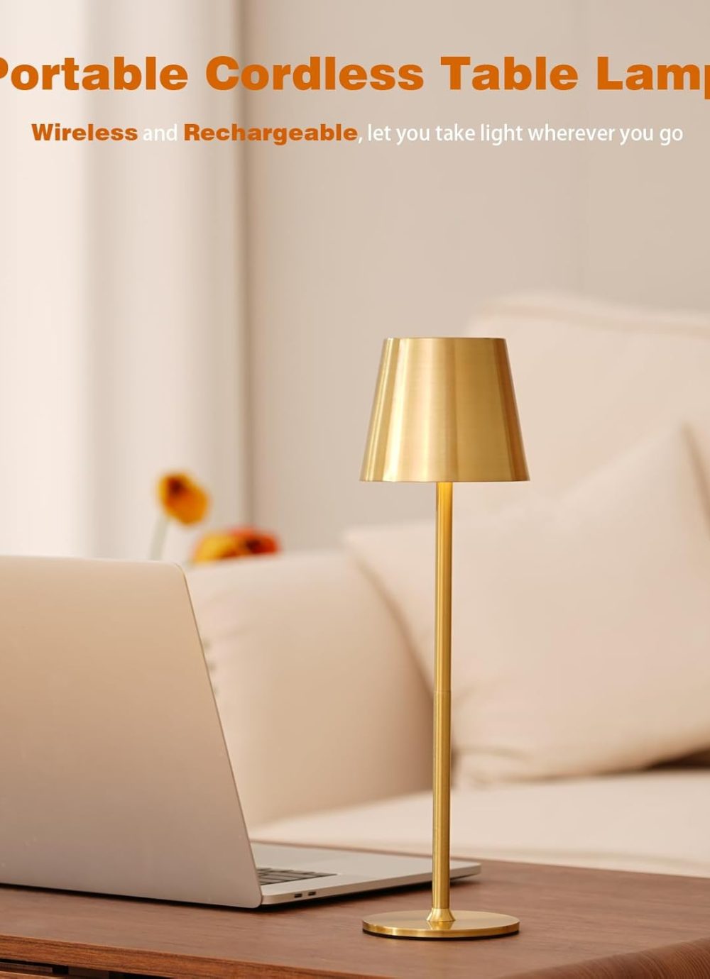 Portable Rechargeable Table Lamp 3-Color Stepless Dimmable Touch Control, Cordless Light w/5000mAh Battery Operated Light,for Bedroom/Bathroom/Living Room/Office/Restaurant/Patio/Nursery (Gold) - Image 2