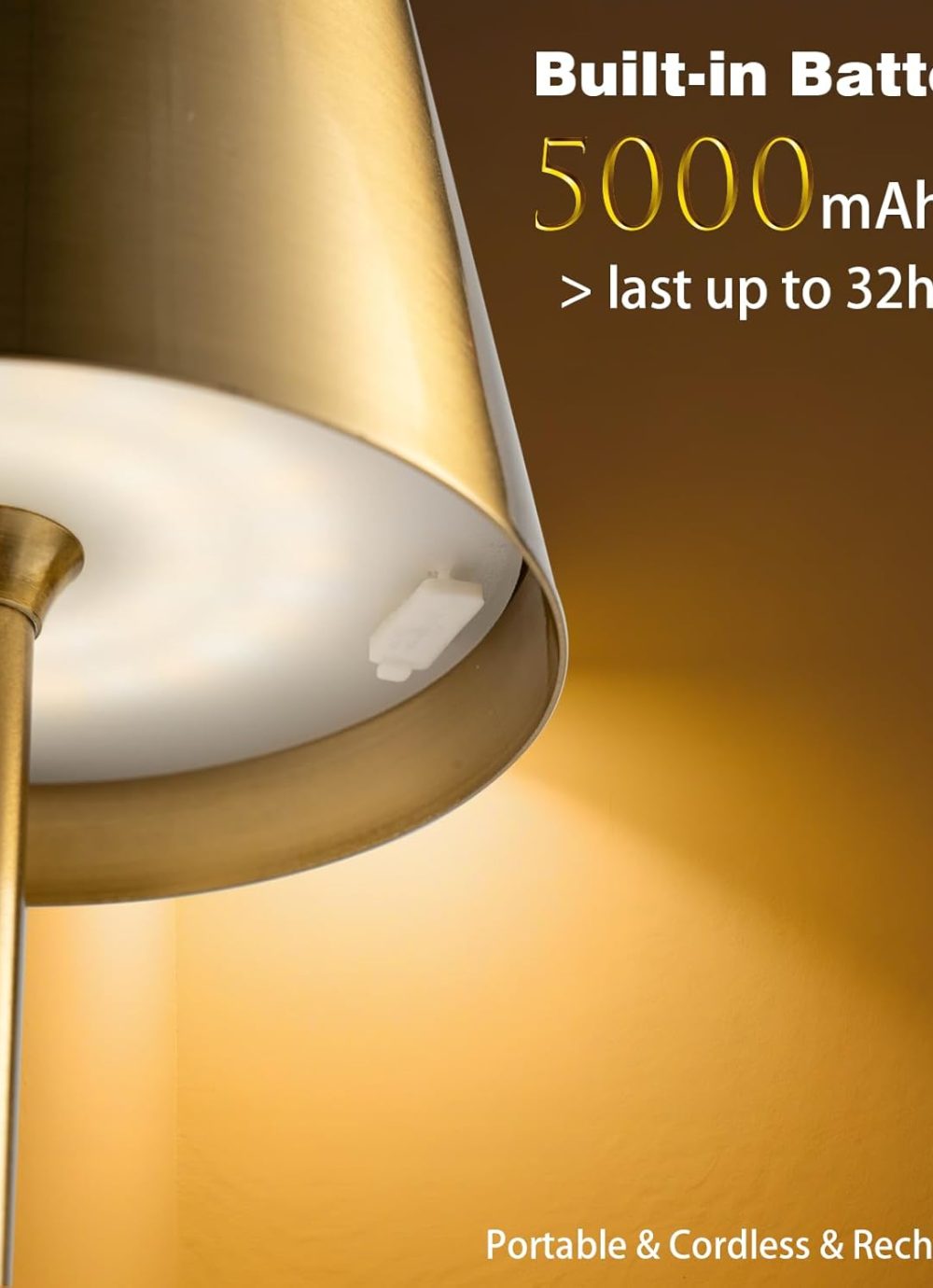 Portable Rechargeable Table Lamp 3-Color Stepless Dimmable Touch Control, Cordless Light w/5000mAh Battery Operated Light,for Bedroom/Bathroom/Living Room/Office/Restaurant/Patio/Nursery (Gold) - Image 4