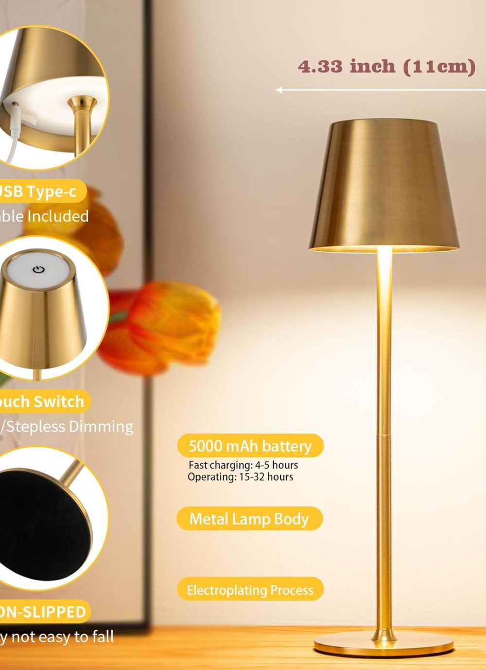 Portable Rechargeable Table Lamp 3-Color Stepless Dimmable Touch Control, Cordless Light w/5000mAh Battery Operated Light,for Bedroom/Bathroom/Living Room/Office/Restaurant/Patio/Nursery (Gold) - Image 6
